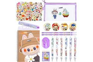 AMAZLUCK Cute Stationary Set, Kawaii School Supplies with Notebook Pencil Case Stickers Ruler Gel Pens Pencils Eraser Sharpener Badges Sticky Note, Back to School Gift for Girls Boys Kids Students(Purple)