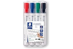 Staedtler Lumocolor 351, Marqueurs pour tableau blanc effaçables à sec, Sans xylène ni toluène et quasi-inodore, Pointe ogive de 2 mm, Étui chevalet avec 4 couleurs assorties, 351 WP4