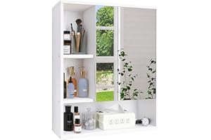 ‎SMIBUY SMIBUY Badezimmerschrank mit Spiegel an der Wand montiert, Bambus-Aufbewahrungs-Organizer über der Toilette, platzsparender Medizinschrank mit 2 Türen und verstellbaren Einlegeböden (Weiß)