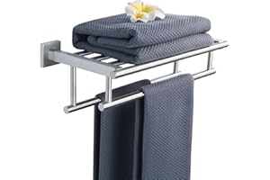 SAYAYO Double Barre Porte Serviette Mural de Salle de Bain, Support Serviette avec Étagère en Acier Inoxydable pour Cuisine Toilette, Longueur 40CM Brossé, EGZ8040-LS-FR