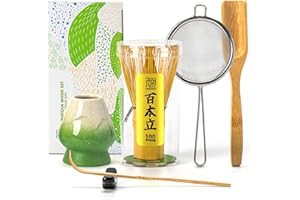 TEANAGOO Juego de batidores de matcha, batidor matcha (100 puntas) con soporte verde, juego de iniciación tradicional de 6 piezas, cuchara (chashaku), cuchara de té, casen de bambú para hacer café con