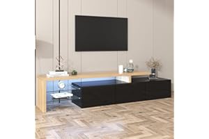 Azkoeesy Mueble para TV de 200 cm, color negro brillante, con iluminación LED, mueble para TV, mueble bajo para TV, mueble de TV, mueble de salón, con estante de cristal y 3 puertas, color negro