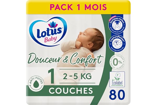 Lotus Baby Douceur & Confort - Couches Taille 1 (2-5 kg/Nouveau-né) Pack 1 mois - 80 couches