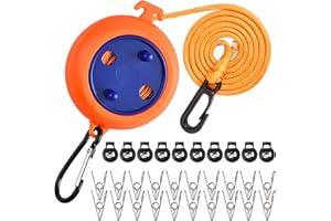 JEWAN Wäscheleine, 10 m, für den Außenbereich, tragbar, für Camping, einziehbare Wäscheleine, für Reisen, Garten, Hotels