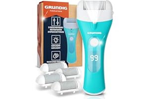 Grundig Hornhautentferner elektrisch Pro - schnell Hornhaut entfernen ohne Bücken - Premium Akku Hornhaut Entferner nass + trocken mit Arbeitslicht, 3 Fuß Rollen, wiederaufladbar (Gerät + Ersatzköpfe)