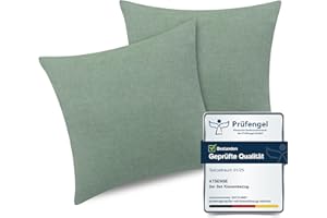 ATsense Zestaw 2 poszewek na poduszkę 40 x 40 cm, 100% prana bawełna, jednokolorowa, zielona, z zamkiem błyskawicznym, certyfikat Oeko-Tex, miękka, nie odkształca się