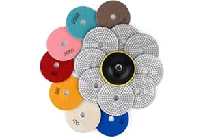 TOOKIE 16 Packungen Diamant-Polierpads-Set, 10.2 cm Trocken-/Nass-Polierpad-Set, 50#-10000# Körnung Pads mit Rückenhalter, für Bohrmaschine, Arbeitsplatte, Marmorstein (Größe: 16 Stück/Set) )