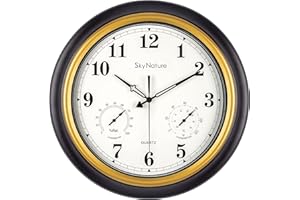 ‎SKYNATURE Outdoor Gartenuhr Wetterfest, Vintage Wanduhr mit Thermometer und Hygrometer, Leise Ohne TickgeräUsche Wasserdicht Uhr, Metall Wanduhr für Zaun, Terrasse, Pool, Veranda - 45cm, Schwarze Gold