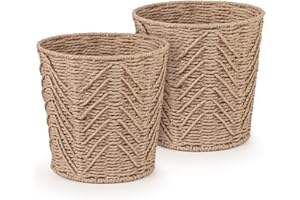 Woodluv Set of 2 Round Handwoven Paper Rope Bins, Decorative Wastepaper Baskets for Home, Closet, or Office Organization, Durable, Stylish & Functional Storage Solution - Khaki
