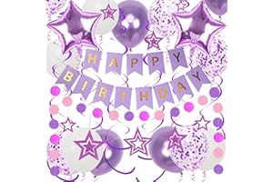 DOUVELUE Purple Birthday Decorations, Happy Birthday Banner and Purple Star Balloons, Glitter Hanging Stars with Hanging Swirls, Circle Dot Paper Garland, for Women Girls Birthday Party Decoration