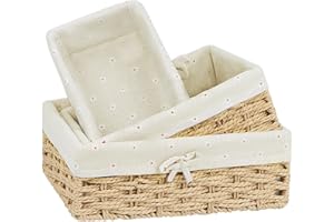 Niuny Panier Rangement Osier Panier de Rangement Salle de Bain 3Pcs Petit Paniers Osier Rectangulaire Paniers Tressé Avec Doublure Empilables pour Ranger Des Jouets télécommandes et Des Cosmétiques