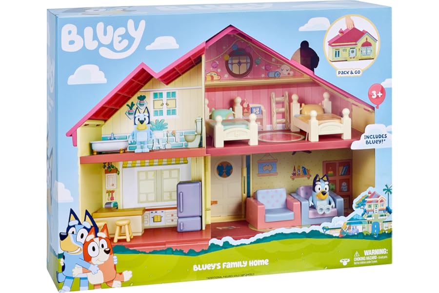 Bluey Heeler Family Home Play Set: 1 Official Collectable Action Figure, Large Playhouse Playset 4 Rooms, Furniture Accessories and Pull Down Patio