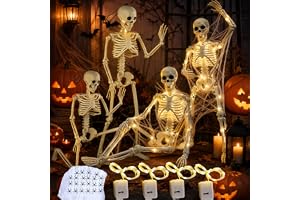 Halloween LED-skelettdekoration med 4 40 cm ledade skelett | 4 x 2 m LED-ljusslingor, 20 g bomullspindel, 22 små spindlar, sk