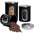 MiXPRESSO 3 Piece Black Canisters Sets for The Kitchen, with See Through Window | Airtight Coffee Container, Tea Organizer, and Sugar Canister