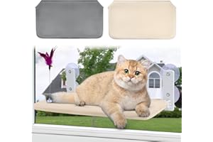 HEMIRO Amaca per Gatti Amaca per Gatti da Finestra Con Ventose Stabili per Gatti Piccoli e Grandi, 2 Coperchi Rimovibili e Lavabili,Maglia Beige + Grigio - 52x30x20 cm