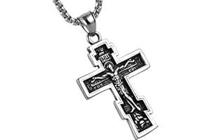 HZMAN Vintage Orthodox Cross Crucifix Stainless Steel Pendant Necklace 22+2 Inches Chain, Colour Silver Gold Black