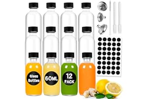 Gucass Lot de 12 bouteilles à shot à remplir, de 60 ml, petits verres à shot avec couvercle, bouteilles en verre à remplir avec entonnoir, étiquettes, stylo et brosse, mini bouteilles pour jus