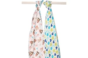 Ti TIN | Lot de 2 Langes en Mousseline pour Bébé, 120x120 cm | 100% Bambou - Lange Gaz Doux, Léger et Multifonction - Anti Acarien - Motif Forme, Étoile, Ourson - Multicolore - 100gr/m²