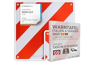 ‎PLANGER PLANGER® - Warntafel Italien und Spanien u Portugal 3in1 (50 x 50 cm) (Schild + Tasche + Spanner) - Reflektierendes Warnschild rot weiß für Heckträger u Fahrradträger