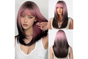 ‎TESTAR testar 20 Zoll Rosa Perücke Für Frauen Rosa Braune Ombre Perücken Mit Pony Lange Geschichtete Glatte Perücken Hitzebeständige Perücke Für Cosplay/Täglichen Gebrauch