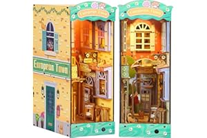 RONSTONE DIY Book Nook Kit: 3D Wooden Puzzle Cute Cat Street with Furniture and LED, Mini Miniature Dollhouse Kit Bookshelf Decor, Mini Doll House Creativity Gift for Adults Teens