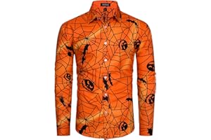 MOHEZ Men's Halloween Shirt Long Sleeve Funny Funky Pumpkin Skull Print Costume Holiday Shirt Tops