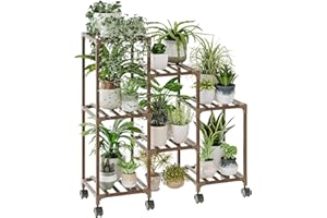 Bamworld Support Plantes Intérieur avec Roulettes, Porte Plante Intérieur en Bois, Étagère à 3 Niveaux pour 7 Pots, Étagère Plante pour Fenêtre, Jardin, Balcon, Patio, Salon, Porte Plante Extérieur