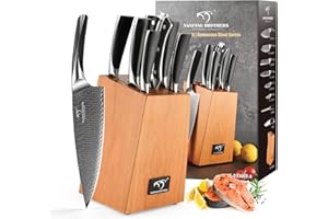 NANFANG BROTHERS Set di coltelli, set coltelli da cucina damascati 9 pezzi con ceppo, set coltelli cucina, set coltelli giapponesi, manico ergonomico in ABS per set coltelli chef