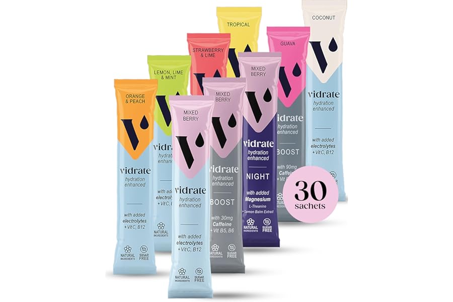 Vidrate Electrolytes Powder - Hydration Sachets Packed with Vitamins - Zero Sugar Rehydration Sachet, No Artificial Sweeteners & Preservatives - Mixed Berry Variety Pack, 30 Electrolytes Sachets