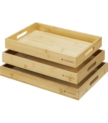 WOPPLXY Lot De 3 Plateaux Service Rectangulaires Bambou 35x25x3 Cm Avec Poignées - Naturel