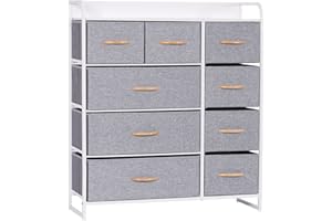 LYNCOHOME Chest of Drawers,Cationic fabric 9-Drawer Storage Organizer Unit for Bedroom Living Room Closet, Sturdy Steel Frame, Easy Pull Fabric Bins & Wooden Top, Fabric Dresser (Snow gray)