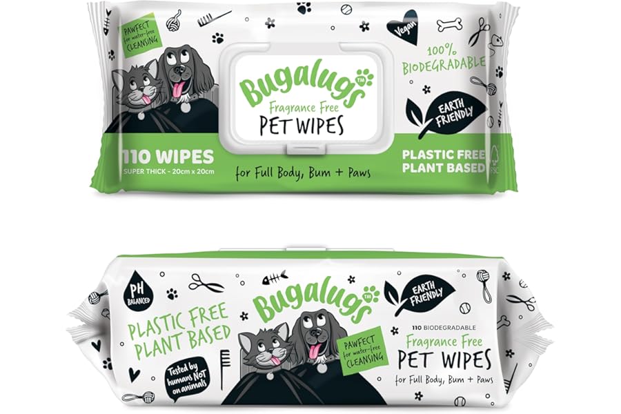 BUGALUGS Dog Wipes, 100% Plastic Free Biodegradable pet wipes for full body, eye wipes, ear wipes, bum & paws. 110 sensitive dog grooming wipes for dogs, puppy & cat grooming (Fragrance Free)