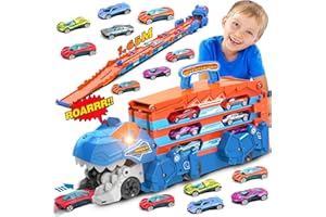 TERRAMUS Dinosaurier Transport Truck - 3 in 1 Auto Spielzeug Auswurf Folding Portable Track für Kinder mit 8 Race Cars, Portable Träger Fahrzeuge Spielzeug-Set für Kinder Jungen 3-5 Jahre alt