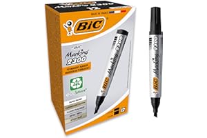 BIC Marking 2300 ECOlutions Marqueurs Permanents, à Pointe Moyenne Biseautée, Pour Carton, Plastique, Bois, Métal - Encre Noire, Boîte de 12