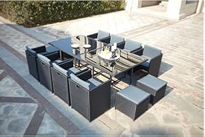 CONCEPT USINE | Salon de Jardin Encastrable Résine Tressée 12 Personnes | Miami Noir Coussins Gris | Table Plateau de Verre Amovible + 8 Fauteuils + 4 poufs | Coussins Déhoussables | Résiste à l'eau