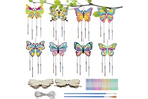Qunkun Lot de 8 Carillon éolien en Bois Papillon - Kit Bricolage Papillon Carillon à Vent - Bricolage Papillon Carillon à Vent avec 2 pinceaux à Peindre - activité Manuelle Adulte, Bricolage Enfant
