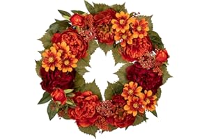 Oairse 50cm/20inch Artificial Fall Wreath for Front Door Autumn Flower Wreath with Peony and Zinnias Fall Decorations for Home Halloween Farmhouse Wall Mantel Décor