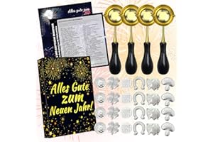 YCAAEO 28er-Set Zinngießen Set Silvestergießen mit 24 Zinnfiguren 4 Löffel, Zinn Giessen Silvester und Deutsche Bedienungsanleitung,Wachsgießen Glücksbringer für Silvester Spiele Silvestergießen Wahrsagerei