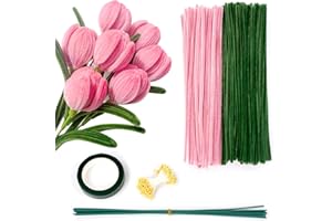 Ainiv Lot de 200 Cure-Pipes Tulipes pour Travaux Manuels, Bâtons Flous Verts Et Roses de 30 Cm, Fournitures Artisanales, Tiges de Chenille avec Poteau à Fleurs, Noyau de Fleur et Ruban de Jardinage