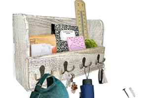 Comfify Wooden Wall Mount Mail Holder Organizer – Rustic Key Holder Organizer for Wall – Magazine Holder with 4 Double Key Hooks – Distressed White Rustic Wall Décor for Entryway