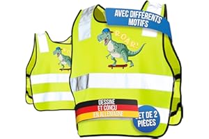 LAUTER SCHUTZ LauterSchutz® Gilet de sécurité [pack de 2] pour les enfants (5-12 ans) pour une meilleure visibilité jour et nuit sur le chemin de l'école, du vélo, du sport et de la circulation routière (Dinosaure)