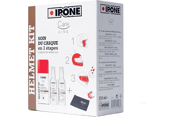 IPONE - Pack Entretien Complet du Casque Moto - Helmet Kit - Nettoyant Extérieur/Intérieur - Anti-Pluie, Déperlant - Lingette Microfibre - Format Pratique Transportable, todo