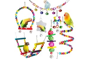 7 Pcs Bird Budgie Toys, ESRISE Hanging Bell Parrot Cage Swing Climbing Ladders Wooden Perch Chewing Toy for Conures, Love Birds, Small Parakeets, Cockatiels (Muliti-B)