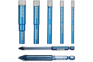 Faankiton 7PCS Diamond Drill Bits Set, Core Drill Bit Kit, Dry Diamond Drill Bit Set, Porcelain Tile Drill Bits Set Glass Drill Bit 5/6/8/10/12 mm with 6/10 mm Carbide Bit for Stone Granite Marble