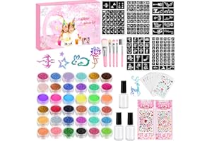 CZMAO Kit de Tatuajes Purpurina Temporales, CMZAO 36 Colores Brillo con 203 Plantillas, 5 cepillos, 4 gomas, regalos de fiesta para adultos para niños y niñas