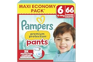 Pampers Premium Protection Pants Taille 6, 66 Couches-Culottes, 13kg-19kg, Avec un Maintien 360° et des Barrières Anti-fuites Douces 2 fois plus larges qu’avant pour Confort et Protection