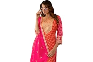 TRENDMALLS Damen Chiffon Stickerei Bandhani Print Salwar Anzug Set Kurta Hose mit Dupatta Orange Pink