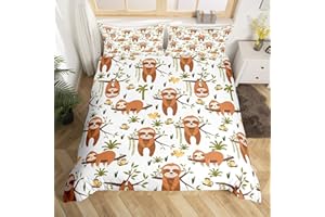 Homemissing Set di biancheria da letto con bradipo cartone animato bradipo copripiumino animali kawaii copripiumino per bambini con rami botanici copripiumino con 1 federa per cuscino singolo