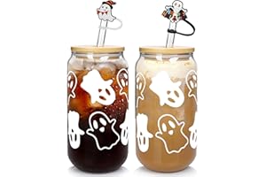 ANOTION Tazze di Halloween, 20 once di Vetro con Coperchio e Cannuccia Halloween Tumbler