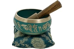 Ajuny Tibetan Singing Bowl Set Handmade Brass Sound Bowl with Mallet & Cushion Buddha Thangka Art Design Meditation Yoga Mindfulness & Chakra Healing Therapy Stress Relief Gift (Green, 4 In)
